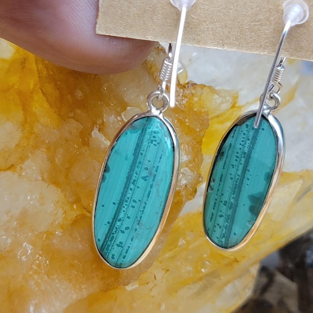 NEW Unique Double Sided Malachite & .925 Sterling Silver Dangle Earrings Boho - Picture 2 of 11